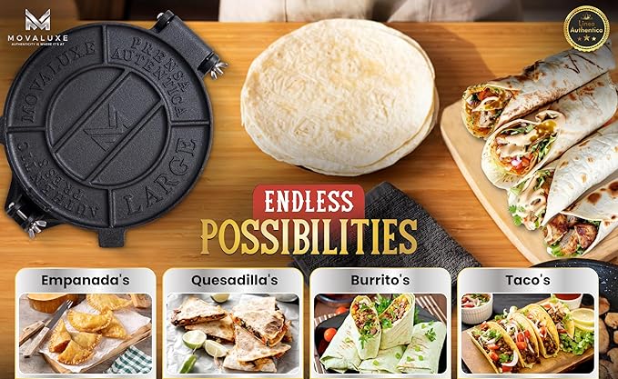 Movaluxe® Tortilla Press 8 Inch Cast Iron LARGE – Corn & Flour Roti Maker Machine Heavy Duty Tortillera Presser. With Parchment Paper, Warmer Pouch, Taco Holders, Rubber Mat & Digital Culinary Guide