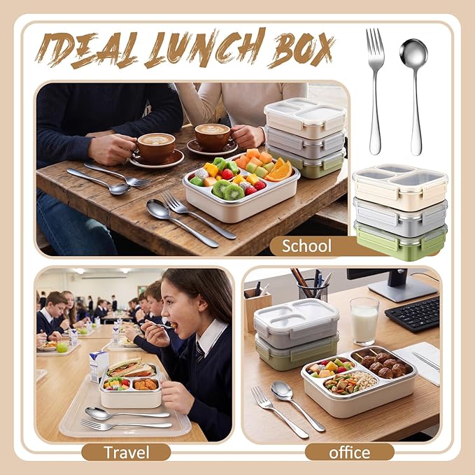 3 Pack Stainless Steel Lunch Box for Kids 25oz 3 Compartment Leak-proof Metal Bento Box with Lid Fork Spoon Meal Prep Snack Container for Adults Office Outdoor Gym, Dishwasher Safe