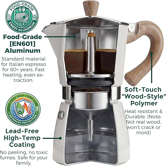 AGOGO Milano Moka Pot Stovetop Espresso Maker with 100 Paper Filters for Sediment-Free Coffee, Classic Italian Greca with Wood-Grain Handle,Cleaning Brush & Towel 6 Cup (10oz / 300ml) Cream