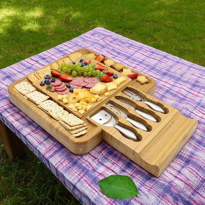 Sarolta Homewares Bamboo Cheese & Sushi Cutting Board and Platter with Brushed Stainless Steel Cutlery Set - 10 Sets