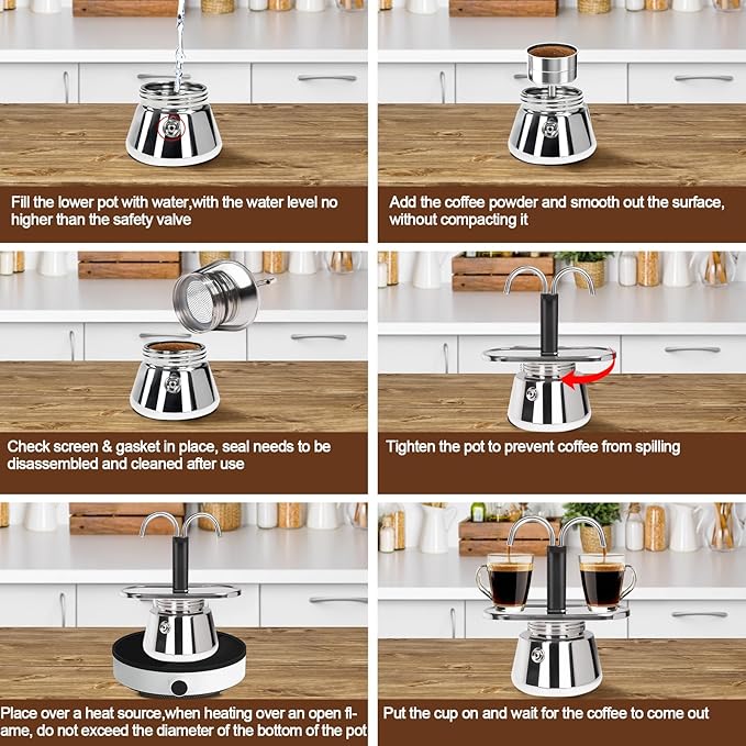 2 Cup Dual Pipe Moka Pot Stainless Steel Stovetop Espresso Maker Cafeteras Italian Percolator Espress Makers Capable Greca Mocha Coffee Machine for Induction Home 150ml 5.1oz