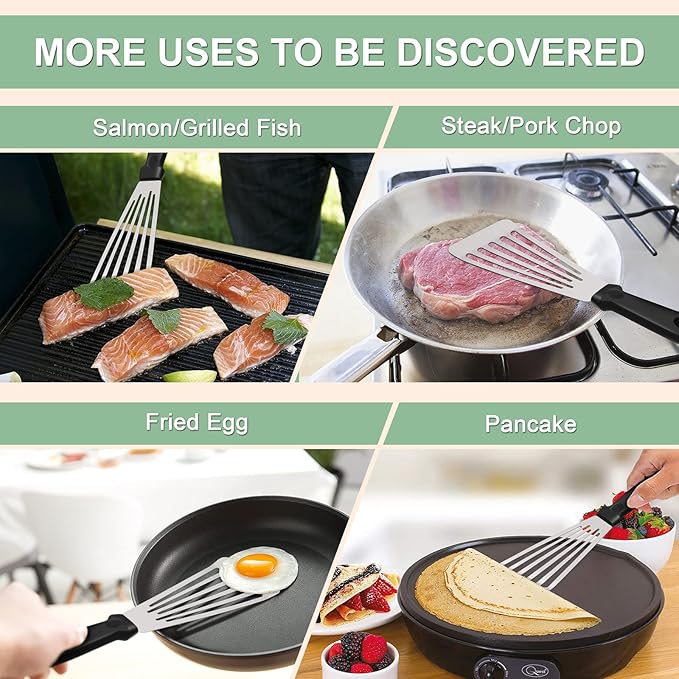 12.5In Fish Spatula, HaSteeL Stainless Steel Slotted Turner with Plastic Handle, Heavy Duty Metal Griddle Spatula for Grilling Cooking Baking Flipping Frying, Dishwasher Safe & Beveled Edge - 2Pcs