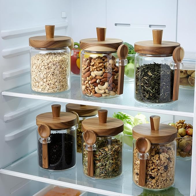 Remerry Set of 6 Glass Jar with Wooden Lid and Spoon, Clear Airtight Spice Canisters Glass Food Storage Kitchen Containers Set for Coffee Bean Tea Sugar (13.5 oz)