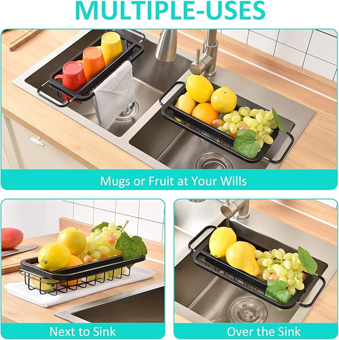 TOOLF Expandable Sink Caddy with Dish Towel Bar, Adjustable Over-The-Sink Organizer for Kitchen, Rustproof Sponge Holder and Drying Rack
