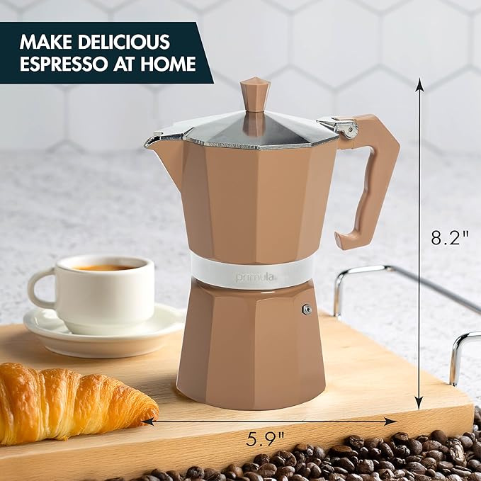 Primula Classic Stovetop Espresso and Coffee Maker, Moka Pot for Italian and Cuban Café Brewing, Greca Coffee Maker, Cafeteras, 6 Espresso Cups, Caramel