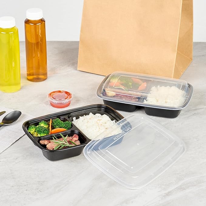 Restaurantware Asporto 26 Ounce Compartment Take Out Boxes 100 Microwavable Meal Prep Containers - 3 Compartments With Clear Plastic Lids Black Plastic Food Containers Do Not Contain BPA