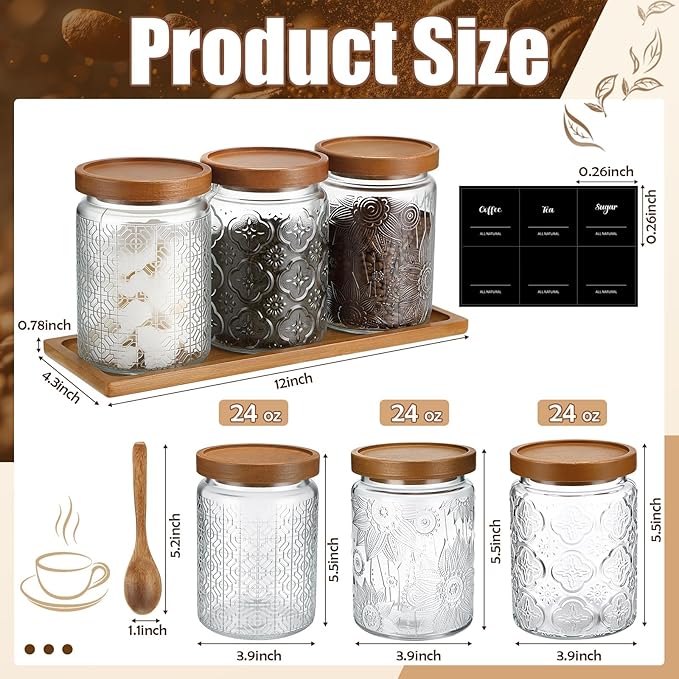 3 Pack 24 oz Glass Coffee Container with Wooden Tray Lid Spoon Labels Clear Airtight Glass Jar Food Storage Kitchen Canisters Set Decorative Coffee Bar Containers for Sugar Candy Tea Flour