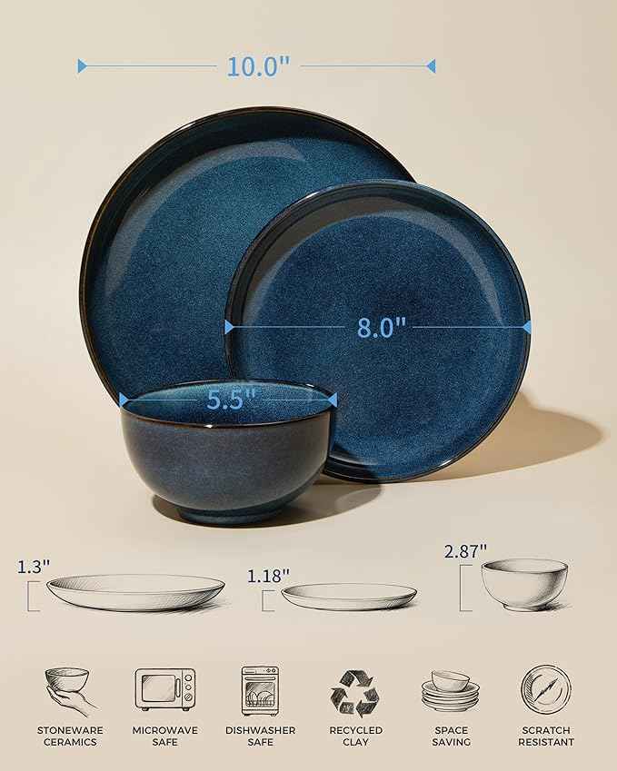 24 Piece Dinnerware Sets for 8, Modern Stoneware Plates and Bowls Setst, Perfect for Family Gatherings & Holiday Celebrations, Easy Cleaning Dishes Set, Stack Compactly Dishware, Starry Blue