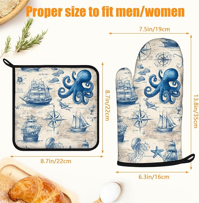 Sea Octopus Compass Oven Mitts and Pot Holders Sets 4Pcs Silicone Non-Slip Mitts Heat Resistant Gloves Hot Pads for Kitchen Cooking Baking Grilling BBQ