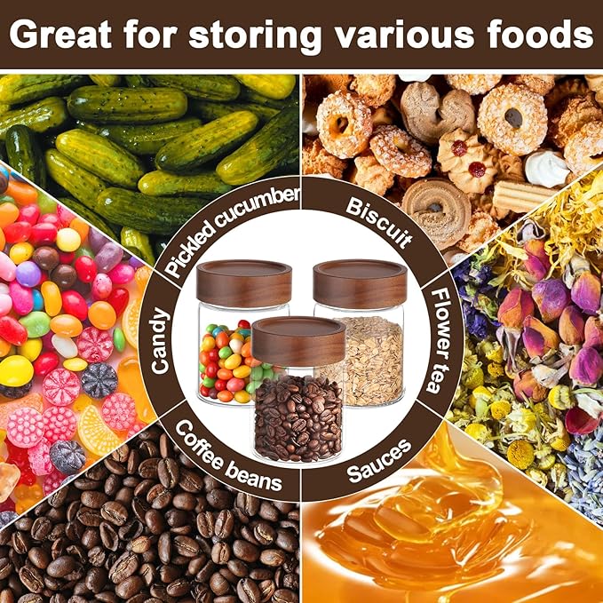11oz Glass Jar with Airtight Lid, 4 Pack 320ml Glass Storage Jars with Wooden Lids, Wood Screw Top Kitchen Canister Clear Food Containers for Sugar, Coffee, Tea, Bean, Overnight Oats, Cookie