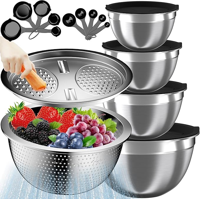 Nicdiet Mixing Bowls with Lids Set, 16PCS Stainless Steel Mixing Bowls,Nesting Storage Bowls for Kitchen with Mixing Bowl, Colander, Strainer & Grater, Metal Salad Bowl for Kitchen Gadgets, Black