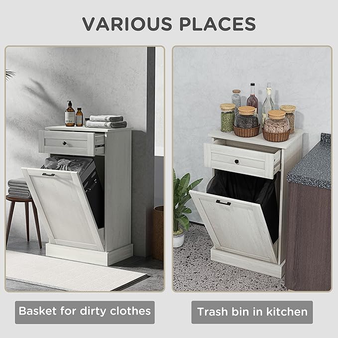 HRVEOCEI Single Tilt Out Trash Can Cabinet for 10 Gallon, Trash Can Holder Cabinet with Drawer, Farmhouse Garbage Cabinets for Kitchen Living Room, Easy to Clean (Gray)