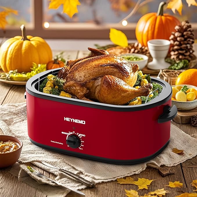 26 Quart Electric Roaster Oven with Visible & Self-Basting Lid, Large Turkey Roaster with Defrost Warm Function, Adjustable Temperature, Removable Pan Rack, Stainless Steel, Red