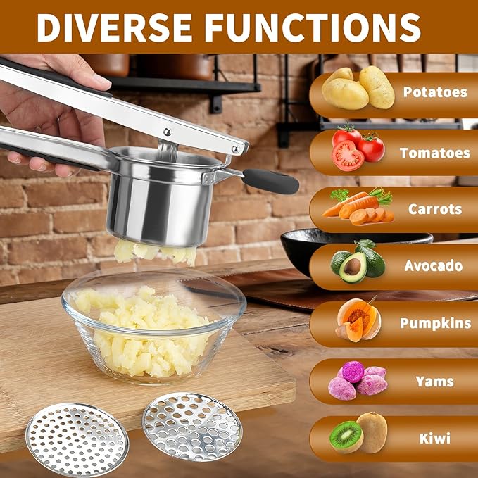 15oz Potato Ricer Heavy Duty Stainless Steel 3 Interchangeable Discs Potato Masher Spaetzle Maker with Silicone Handle, Ricer Kitchen Tool Perfect Ricer for Mashed Potatoes for Kitchen