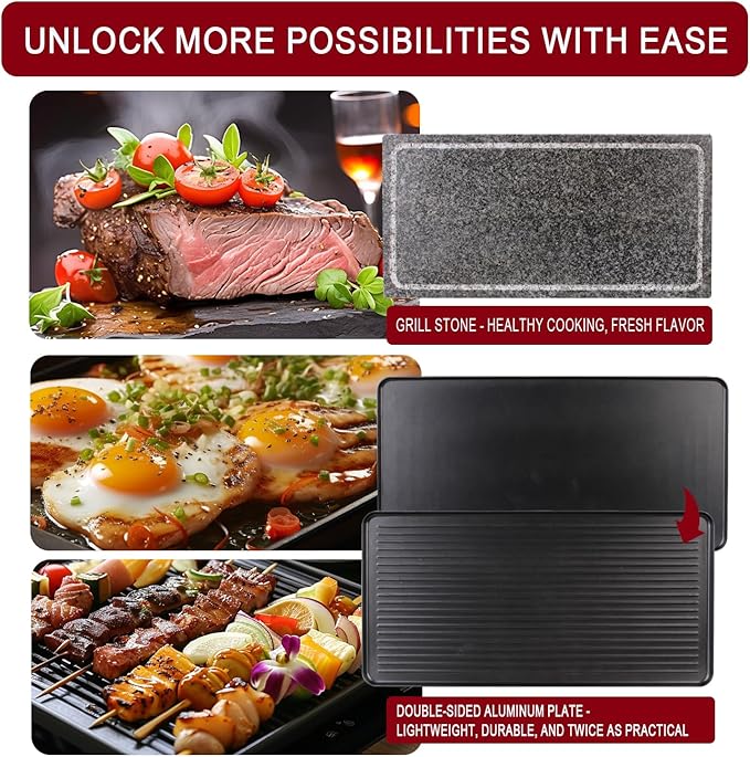 Artestia 2-in-1 1700W Adjustable Temperature Raclette Grill with Granite Stone & Non-Stick Cast Aluminum Plates | Includes 8 Mini Pans & Spatulas | Extended Power Cord | Perfect for Family Gatherings