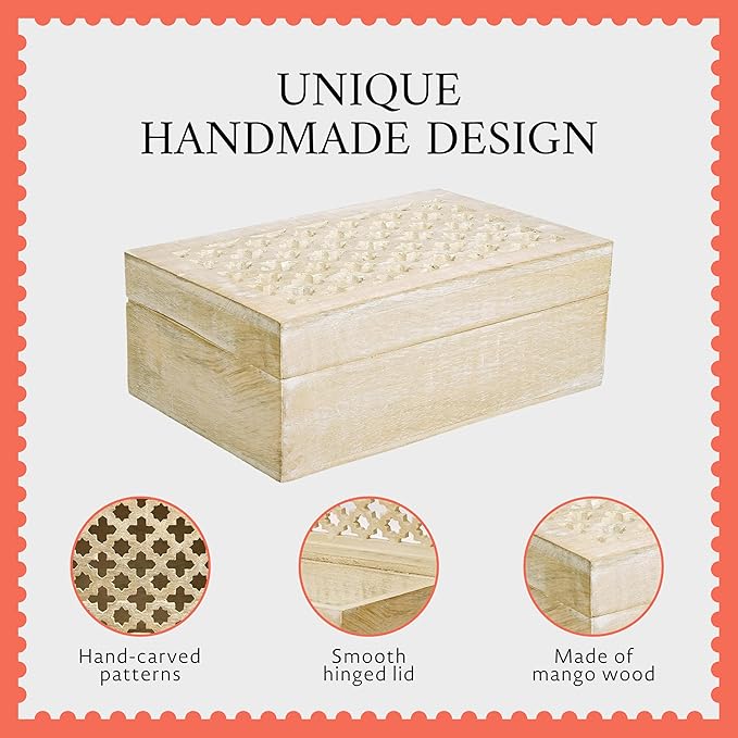 Mela Artisans Trellis Mango Wood Decorative Storage Box – Hand-Carved Wooden Jewelry Box for Keepsakes, Accessories & Home Decor – Whitewash, Large, 9 x 6 x 3.5