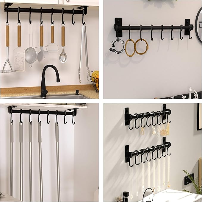 Dseap Kitchen Utensil Holder Hanger, Pot and Pan Rack Wall Mount, Kitchen Rail with 8 Hooks for Hanging Cooking Utensils, Mugs, Spoons, Wall Mounted, Stainless Steel, Black