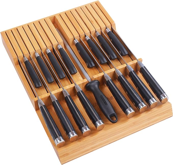 Utoplike In-drawer Knife Block Bamboo Kitchen Knife Drawer Organizer Large, handle Steak knife Holder without Knives, Fit for 16 Knife and 1 Sharpening Steel (Knives & Sharpening Not Included)