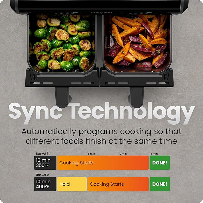 Chefman Dual Air Fryer Oven with DC Motor, 9 Qt. Double Basket Air Fryer with 450°F Max Temp for Meals in Minutes, Bake, Broil, Dehydrate, Reheat for Extra-Crispy Chicken, Fries, and More - Black