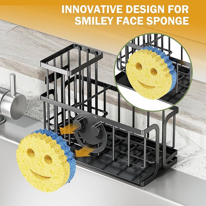 Epicano Sink Caddy Sponge Holder, Smiley Face Sponge Rack with High Brush Holder,Rustproof Kitchen Countertop Organizer,Kitchen Gadgets Sink Accessories, Black