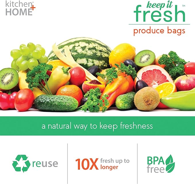 Keep it Fresh Produce Bags - 90 Reusable BPA Free Freshness Produce Bags & Twist Ties - Keeps Fruits, Veggies, and Flowers Fresher Longer