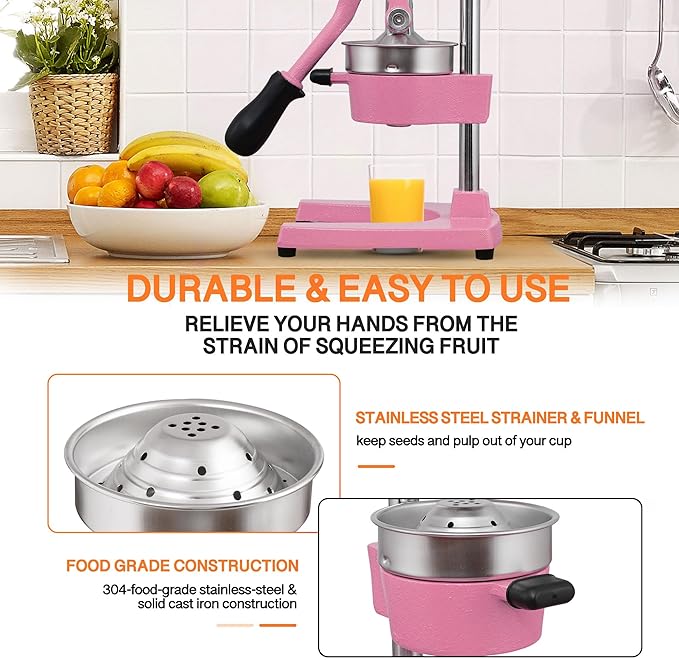 Commercial Heavy Duty Cast Iron Hand Press Manual Orange Citrus Lemon Lime Grapefruit Pomegranate Fruit Juice Squeezer Machine with Stainless Steel Cup Pink