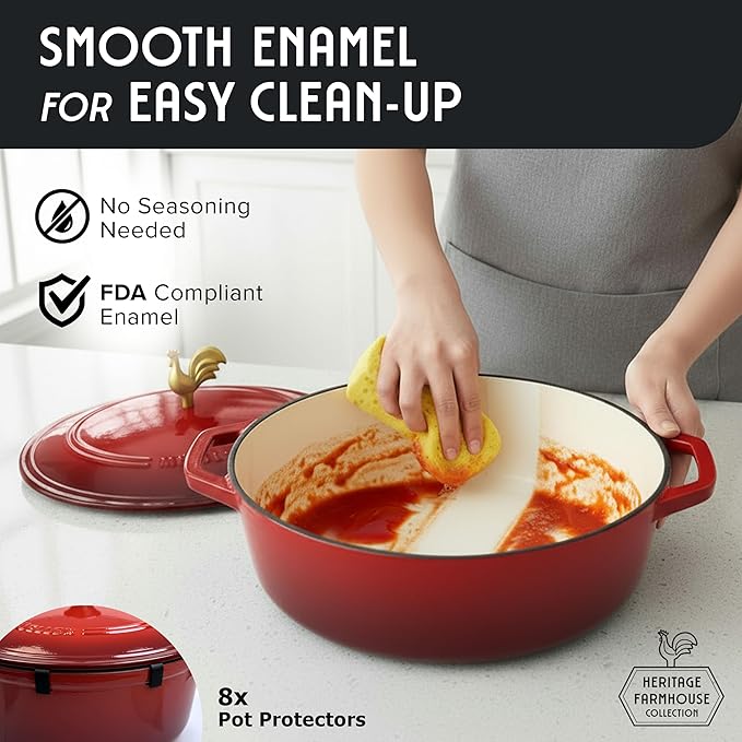 MUELLER HOME 5.5 Quart Enameled Cast Iron Oval Dutch Oven w Rooster Knob & Cotton Potholders, Heavy-Duty Cookware, Oven-Safe up to 500° F & Across All Cooktops, Gifts for Grandma & Women, Red