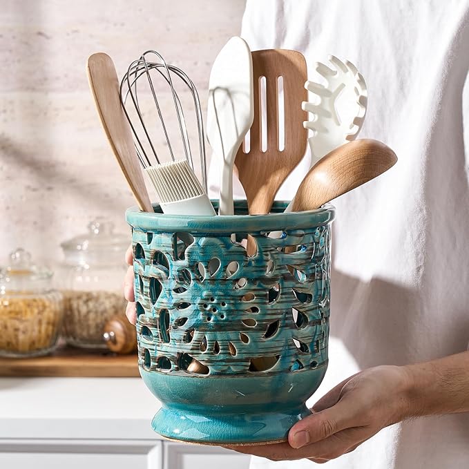 Farmhouse Kitchen Utensil Holder for Countertop, Ceramic Large Cooking Utensil Crock with Cork Mat, Hollow Carving Decorative Rustic Utensil Holder for Kitchen Counter, Antique Blue