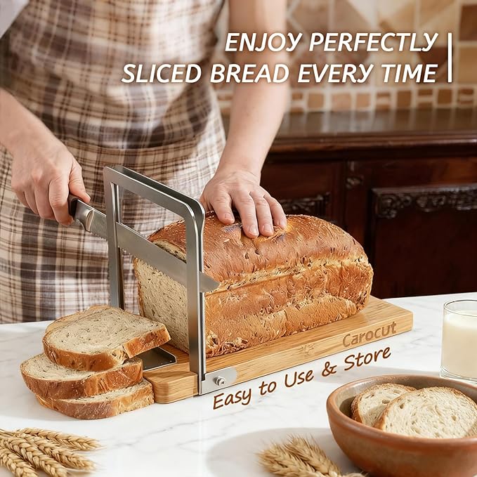 Adjustable Bread Slicer with Knife & Reusable Beeswax Storage Bags, Foldable Wood & Steel Slicing Guide for Homemade Sourdough Loaves up to 6.3”, Easy-Clean Detachable Fresh-Keeping Bags, 2-Pack Bundl
