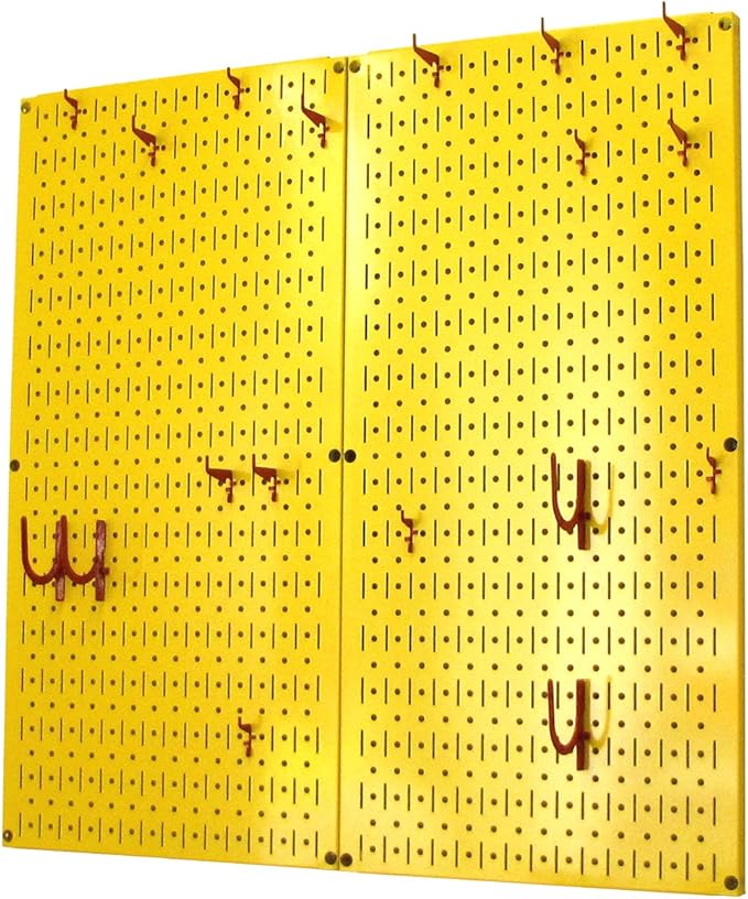 Wall Control Kitchen Pegboard Organizer Pots and Pans Storage Rack Organization Kit with Yellow Pegboard and Red Accessories