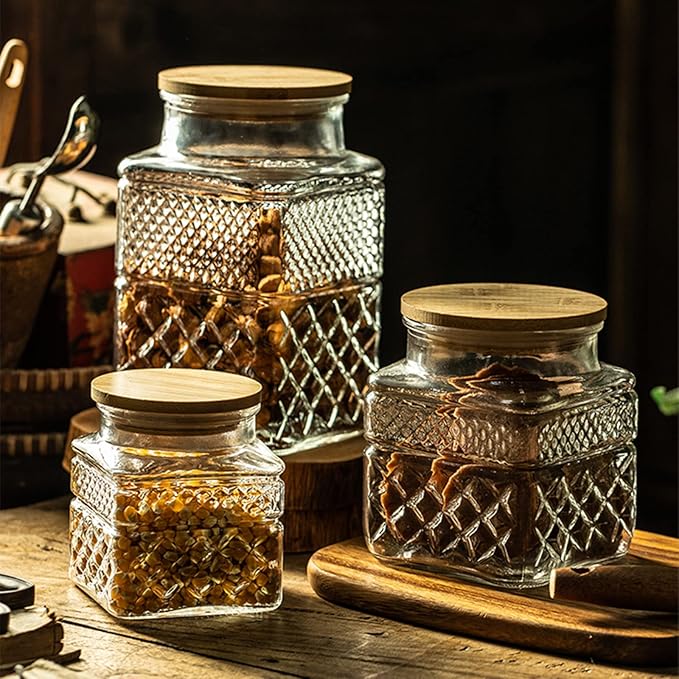 Prettidecor Glass Storage Jars, 38 FL OZ Airtight Canisters with Bamboo Lid, Decorative Kitchen Containers for Cereal, Nuts, Snacks, Candy, Cookies, Coffee, Tea