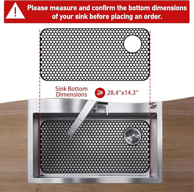 Bestjing Silicone Sink Protectors for Kitchen Sink - 28.4"x 14.3" Kitchen Protector Accessory, Non-Slip Heat Resistant Mat for Bottom of Farmhouse Porcelain Stainless Steel(Top Right Drain Hole,Black)