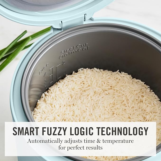 Martha Stewart Rice Cooker, 4 Cup (Uncooked) / 8 Cup (Cooked), Ceramic Non-Stick Removable Pot, Keep Warm, Measure Markings, Steam Basket, Brown & Sushi Rice, Quick Cook, Quinoa, Grains, Oats, Sky Blue