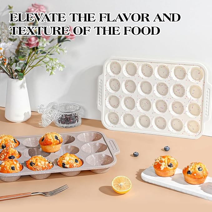 2 Pcs Silicone Muffin Pans for Baking with Metal Reinforced Frame, Nonstick Cupcake Tray for Oven, 12 Cups Regular and 24 Cups Mini Size Silicone Molds for Egg Bites (Brown, Cream)