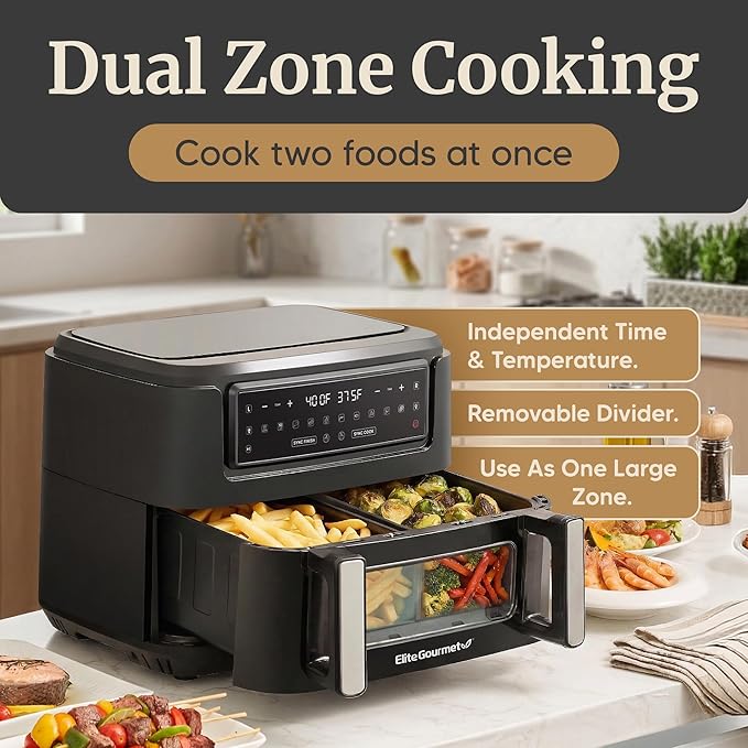 Elite Gourmet Dual Zone Air Fryer Oven 11QT, Dual Basket Air Fryer with Divider, Sync Finish & Sync Cook, PFAS Free Nonstick, 10 Presets, Air Fry Bake Roast Broil Toast Dehydrate, 1600W Black
