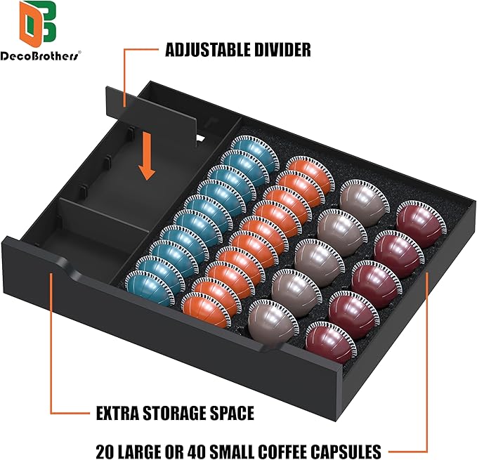 Deco Brothers Vertuoline Pod Holder Drawer with Adjustable Divider, Compatible with Nespresso 40 Small or 20 Large Capsules Coffee Bar Station, Wood Top Stand with Side Storage for Accessories, Black