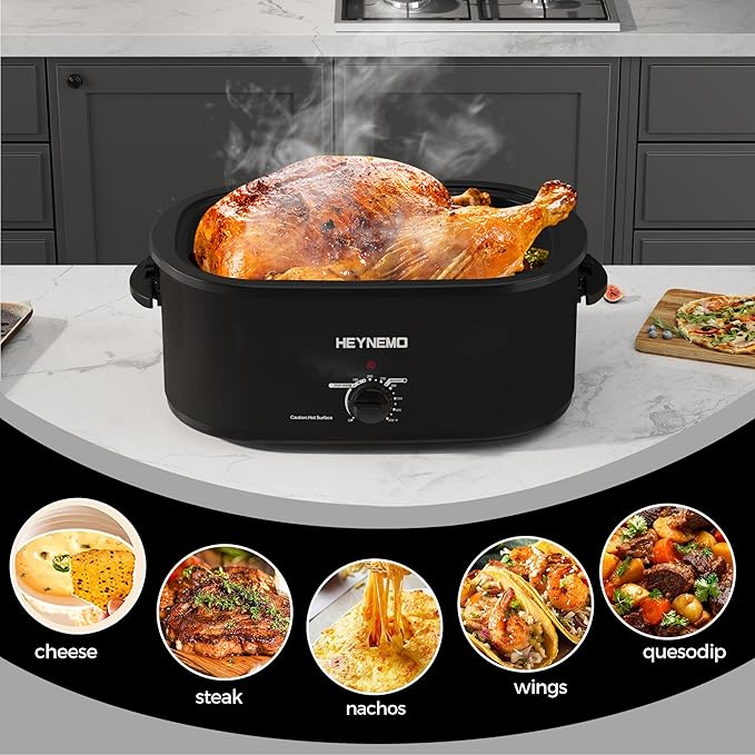 18 Quart Roaster Oven with Self-Basting Lid, Electric Turkey Roaster Oven with Defrost & Warm Function, Adjustable Temperature, Removable Pan & Rack, Stainless Steel, Black