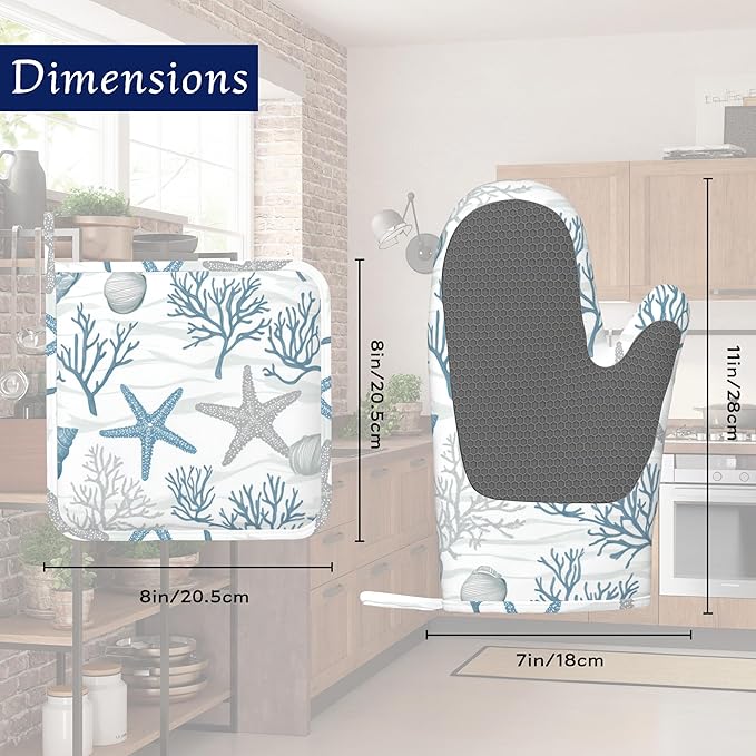 Coastal Beach Starfish Pot Holders and Oven Mitts Set Silicone Ocean Coral Kitchen Gloves Potholders Heat Resistant Washable,Chef Cooking Baking Gifts for Women Men Bakers Lover Cooks