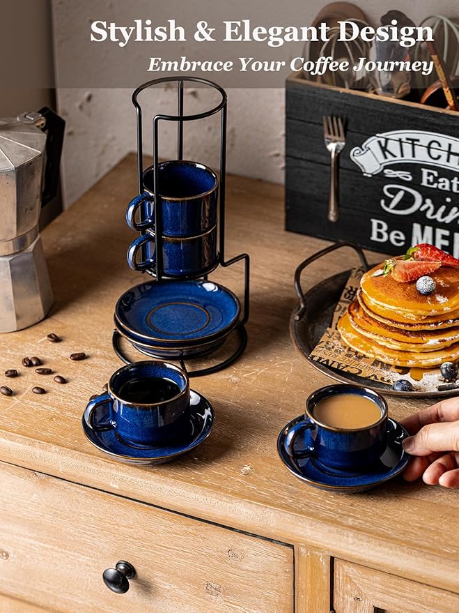 Gomakren Soap Dish for Shower, Bar Soap Holder, Ceramic Soap Dishes for Bar Soap & Small Stackable Coffee Cups with Saucers and Metal Stand, Porcelain Demitasse Cups