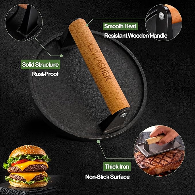 2.2 lb Heavy Duty Cast Iron Grill Press, 6.69 in Round 7.8X3.9in Rectangle Burger Press with Wood Handle for Blackstone, Griddle, Chef, Camp, Panini, Vegetable, Bacon, Sandwich, BBQ