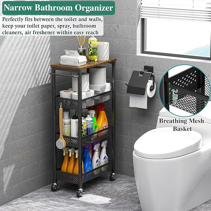 OKZEST Utility Slim Storage Cart, 4-Tier Narrow Bathroom Organizer and Storage Cart, Metal Narrow Kitchen Laundry Room Organization Rack with Wood Top, Slim Rolling Shelf with Wheels for Small Space