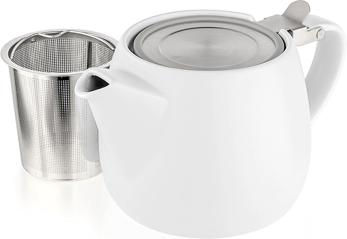 Tealyra - Pluto Porcelain Small Teapot White - 18.2-ounce (1-2 cups) - Matte Finish - Stainless Steel Lid and Extra-Fine Infuser To Brew Loose Leaf Tea - 540ml