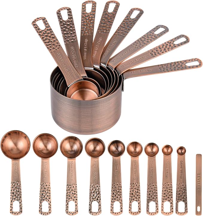 Copper Plated Measuring Cups and Spoons set 18 for Dry & Liquid, Metric & US Stainless Steel Measuring Cup and Spoon Set with Leveler for Baking & Kitchen