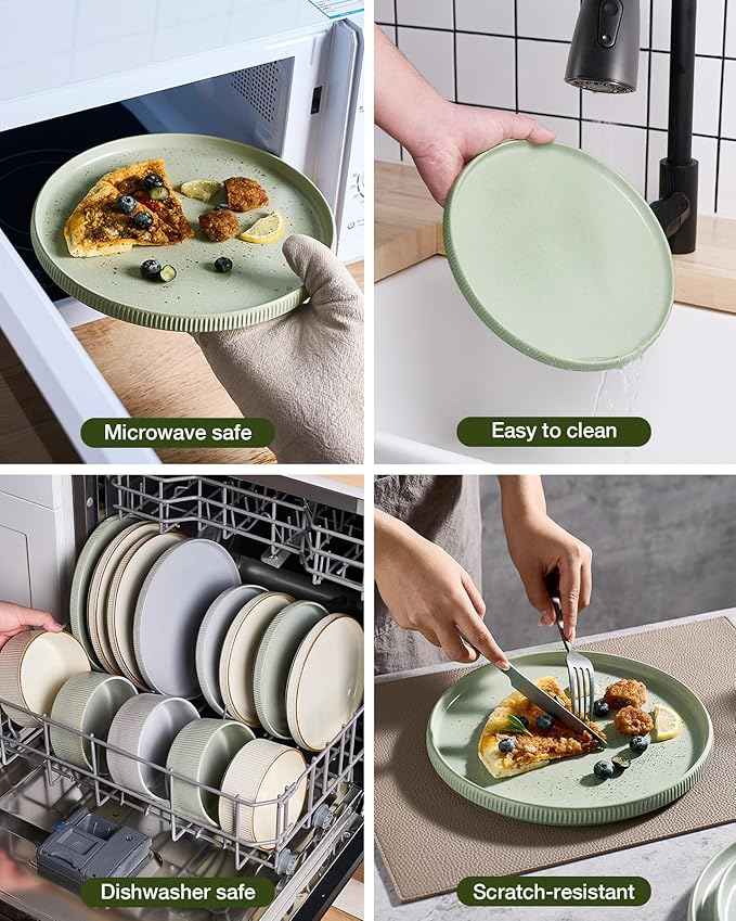 Famiware Star Dinnerware Set, Plates and Bowls Sets for 4 (12pcs), Ribbed Stoneware Dishes - Chip & Scratch Resistant, Microwave & Dishwasher Safe, Matte Sage Green