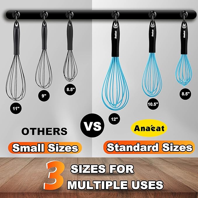 Anaeat Silicone Balloon Whisk, Perfect for Non-Stick Cookware, Milk and Egg Beater Blender, Heat Resistant Kitchen Whisks for Whisking, Cooking, Baking, Beating, Frothing & Stirring (Blue)