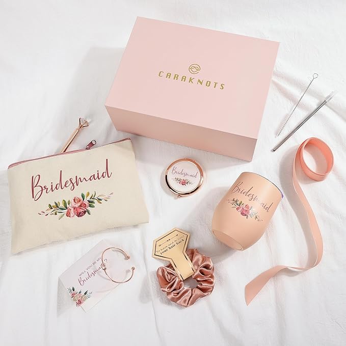 CARAKNOTS Bridesmaid Proposal Gifts Box, Will You Be My Bridesmaid Gift Set Pink Bridesmaids Box for Wedding Bridal Bachelorette Party Favor Stainless Steel Wine Tumbler 12 oz