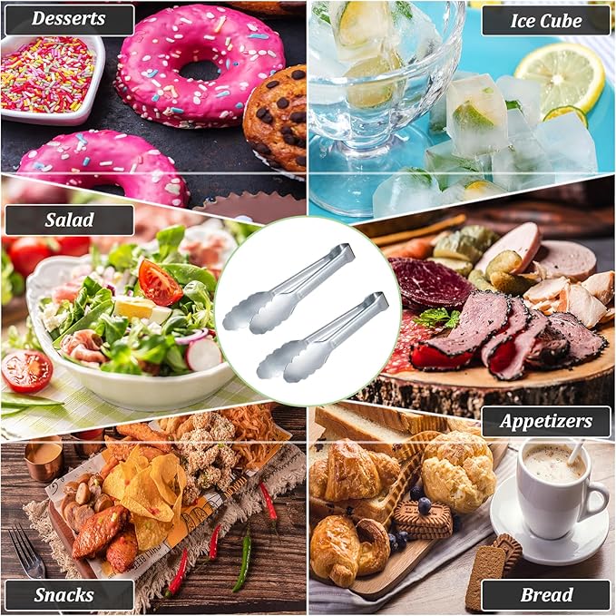 Sunenlyst Kitchen Tongs, 6Pcs Tongs Stainless Steel for Serving Food, Metal Tongs Small Tong for Buffet, Salad, Ice, Appetizer, Serving Utensils for Food (7Inch)