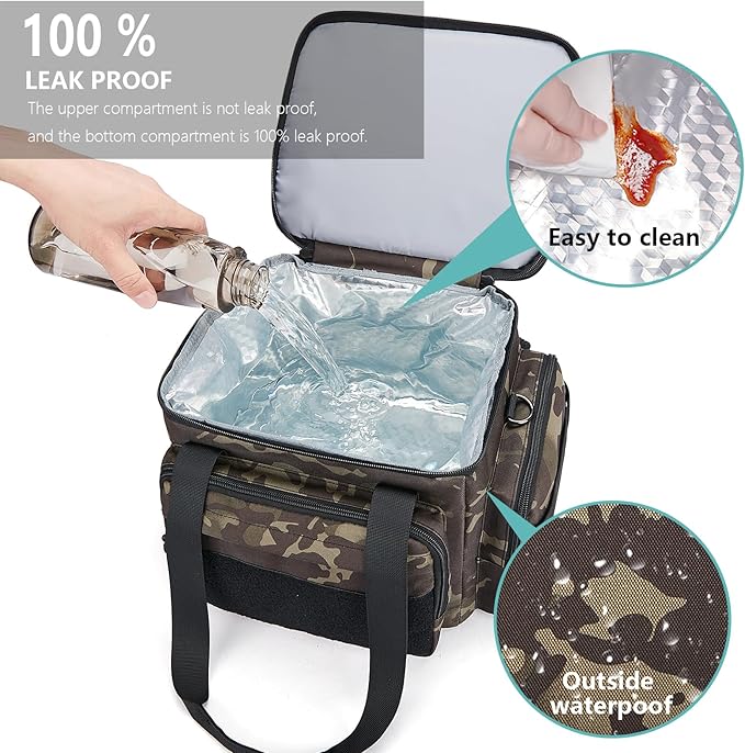 Gafetrey Tactical Lunch Box for Men, Insulated Bag Adult, Thermal Lunchbox Leakproof Waterproof Cooler Bag, Dual Compartment tote, Large Pail Work Office Camping Travel(Black Camo)