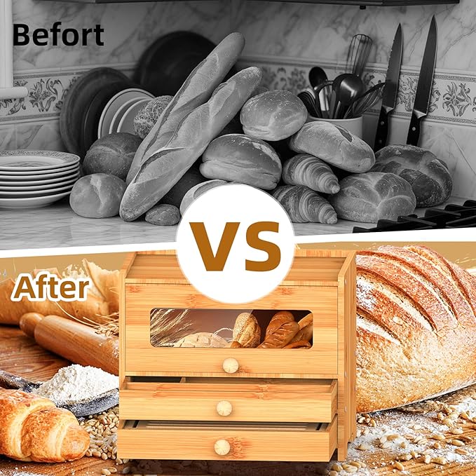 Bamboo Bread Box for Kitchen Countertop & Dining Room,Wooden Storage with Display Compartment & Built-in Bread Slicer,Eco-Friendly Organizer for Homemakers, Bakers & Bread Lovers ﻿