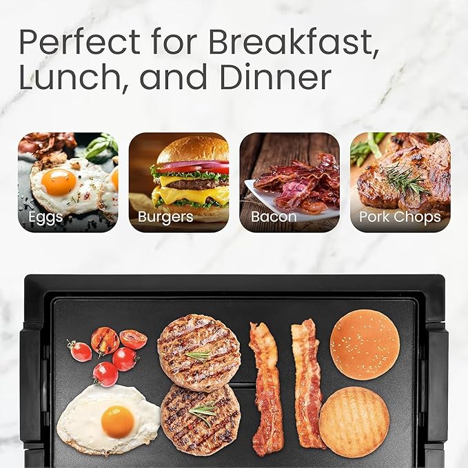 Electric Smokeless Indoor Griddle, Flat Top Grill, 1800W Fast Heat Up BBQ Grill, Large Nonstick Cooking Plate, 5 Levels Adjustable Temperature, Detachable & Dishwasher Safe, Cool-touch Handles, Black